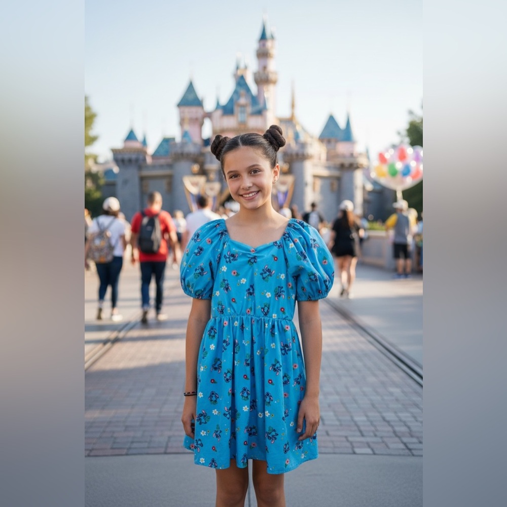 Disney Stitch Tropical Palm Print Blue Puff Sleeve Dress Girls Size Large